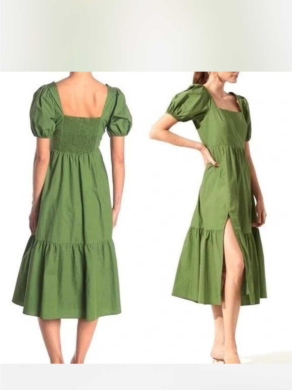 Astr the Lebel Green Puff-Sleeve Square Neck 100% Cotton Midi Dress
